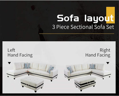 Sectional Sofa Faux Leather Modern L Shaped Couch Set 103.5”Wide Including Chaise and 3 Seating Sofa with Storage Ottoman for Living Room Furniture (Right Hand Facing, A-White)