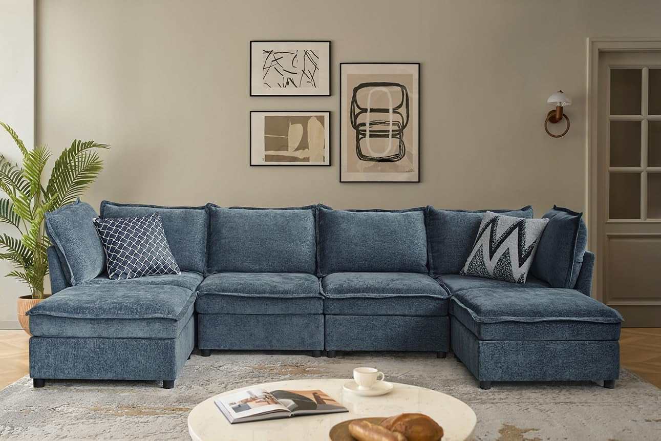 127'' Modular Sectional Sofa, Oversized U Shaped Couch with Storage Ottoman, Extra Deep Seat, Modern Comfy Chenille Sofa with Chaise, 6 Seat Convertible Couches for Living Room, Blue