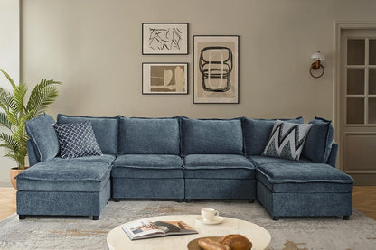 127'' Modular Sectional Sofa, Oversized U Shaped Couch with Storage Ottoman, Extra Deep Seat, Modern Comfy Chenille Sofa with Chaise, 6 Seat Convertible Couches for Living Room, Blue