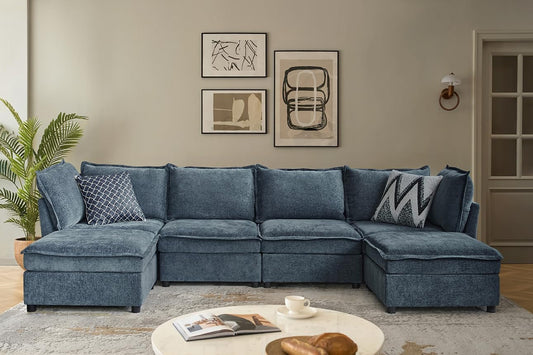 127'' Modular Sectional Sofa, Oversized U Shaped Couch with Storage Ottoman, Extra Deep Seat, Modern Comfy Chenille Sofa with Chaise, 6 Seat Convertible Couches for Living Room, Blue