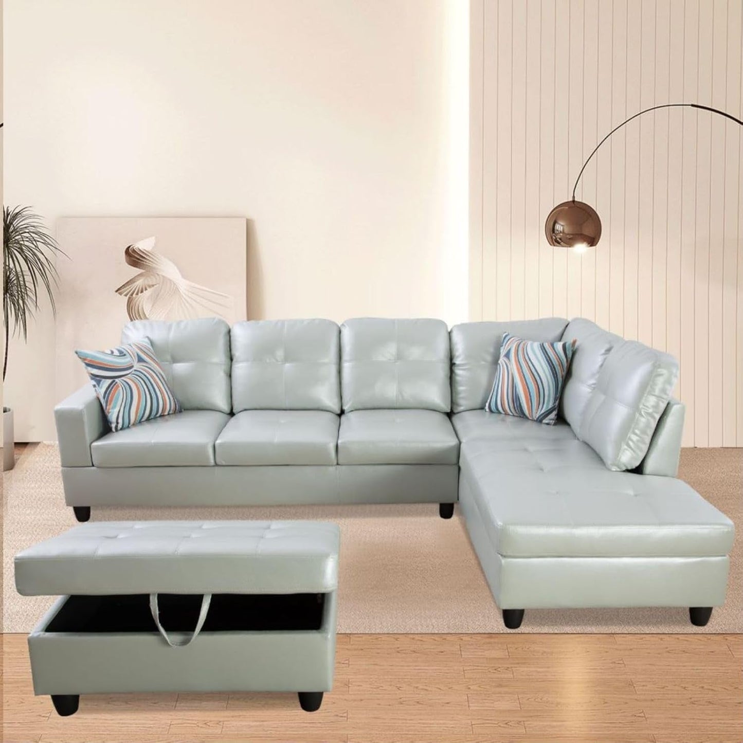 L-Shaped 3-Piece Semi PU Synthetic Leather Sofa with Storage Ottoman Set, Sectional Couch Sofa Set for Living Room, Office, Small Space, Silver Green