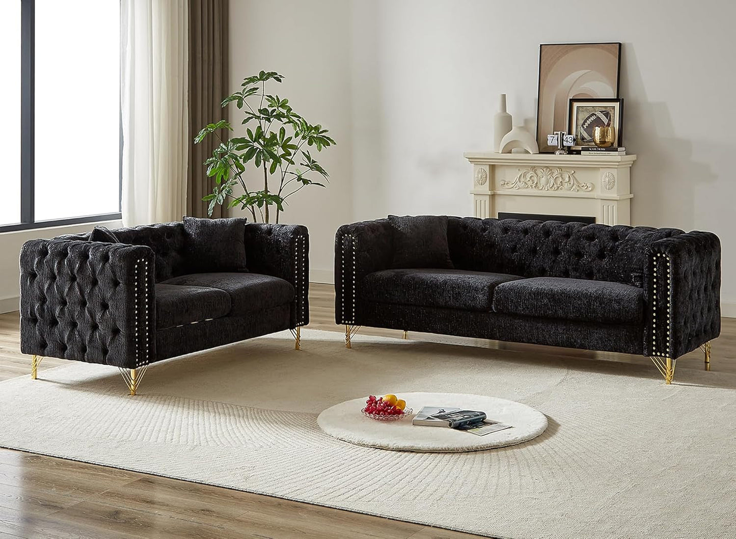 2 Pieces Chenille Living Room Furniture Sofa Couch Set,Button Tufted Comfy Couch with Nailhead Trim&Metal Legs,Mid Century Modern Couch and Loveseat Sets for Living Room(Loveseat+3 Seater Sofa,Black)
