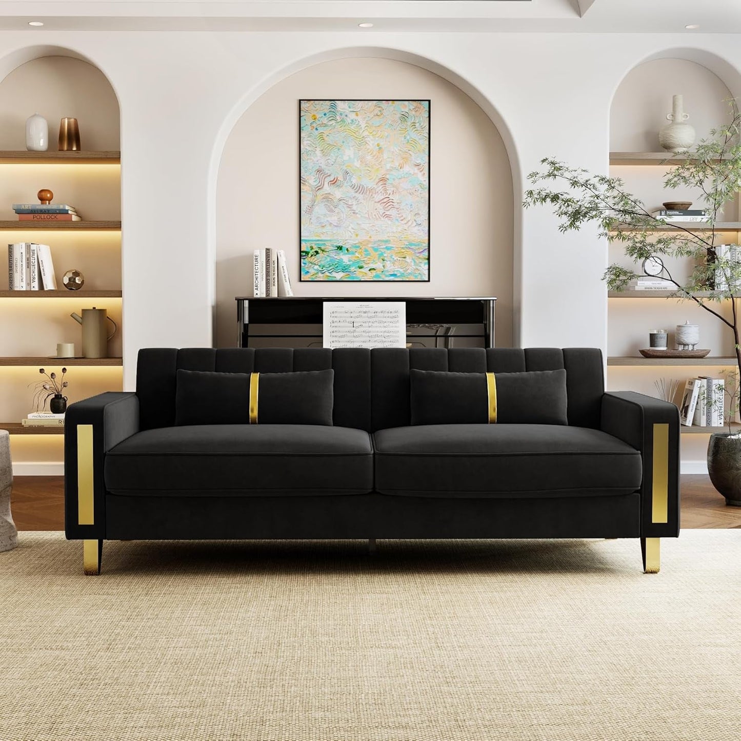 Loveseat Couch for Living Room, 86" Black Velvet Sofa Couch with 2 Pillows & Gold Metal Legs, Modern Upholstered Sofa Love Seat Sectional Couches for Apartment Home Office