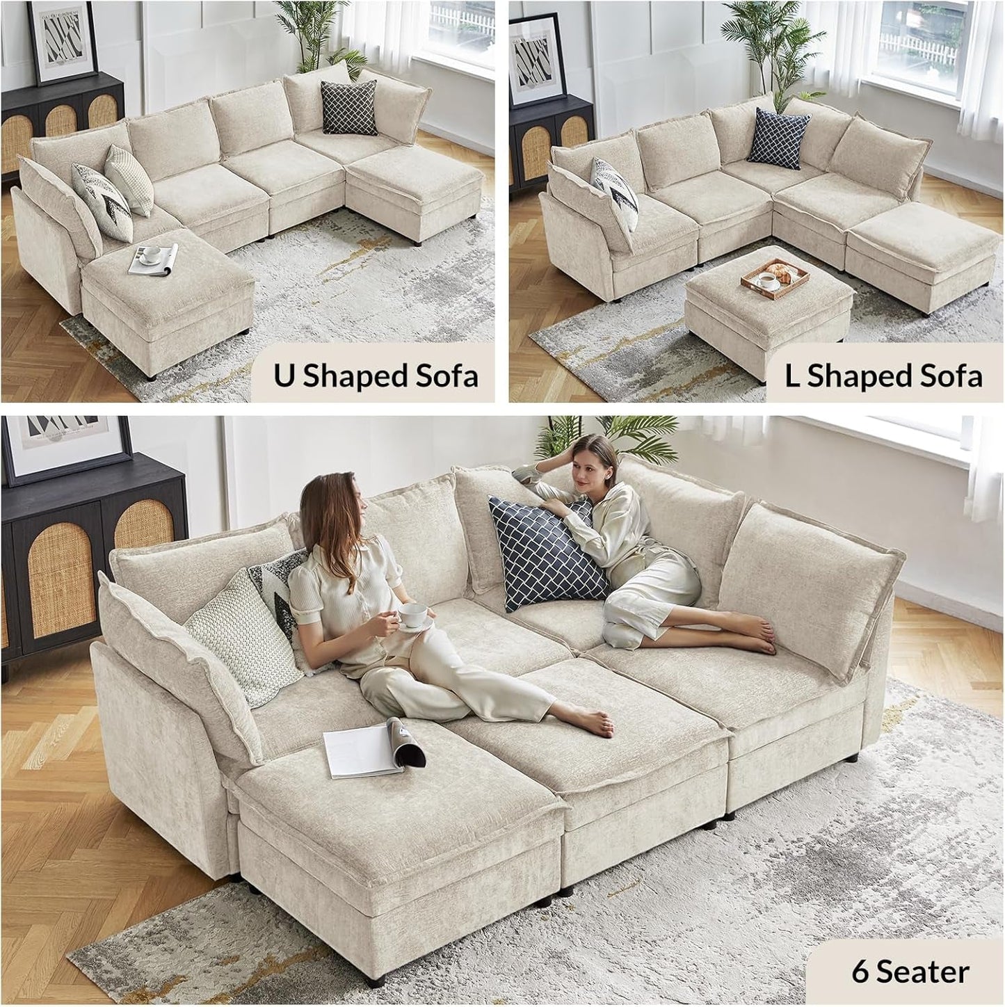 127'' Modular Sectional Sofa, Oversized U Shaped Couch with Storage Ottoman, Extra Deep Seat, Modern Comfy Chenille Sofa with Chaise, 6 Seat Convertible Couches for Living Room, Beige