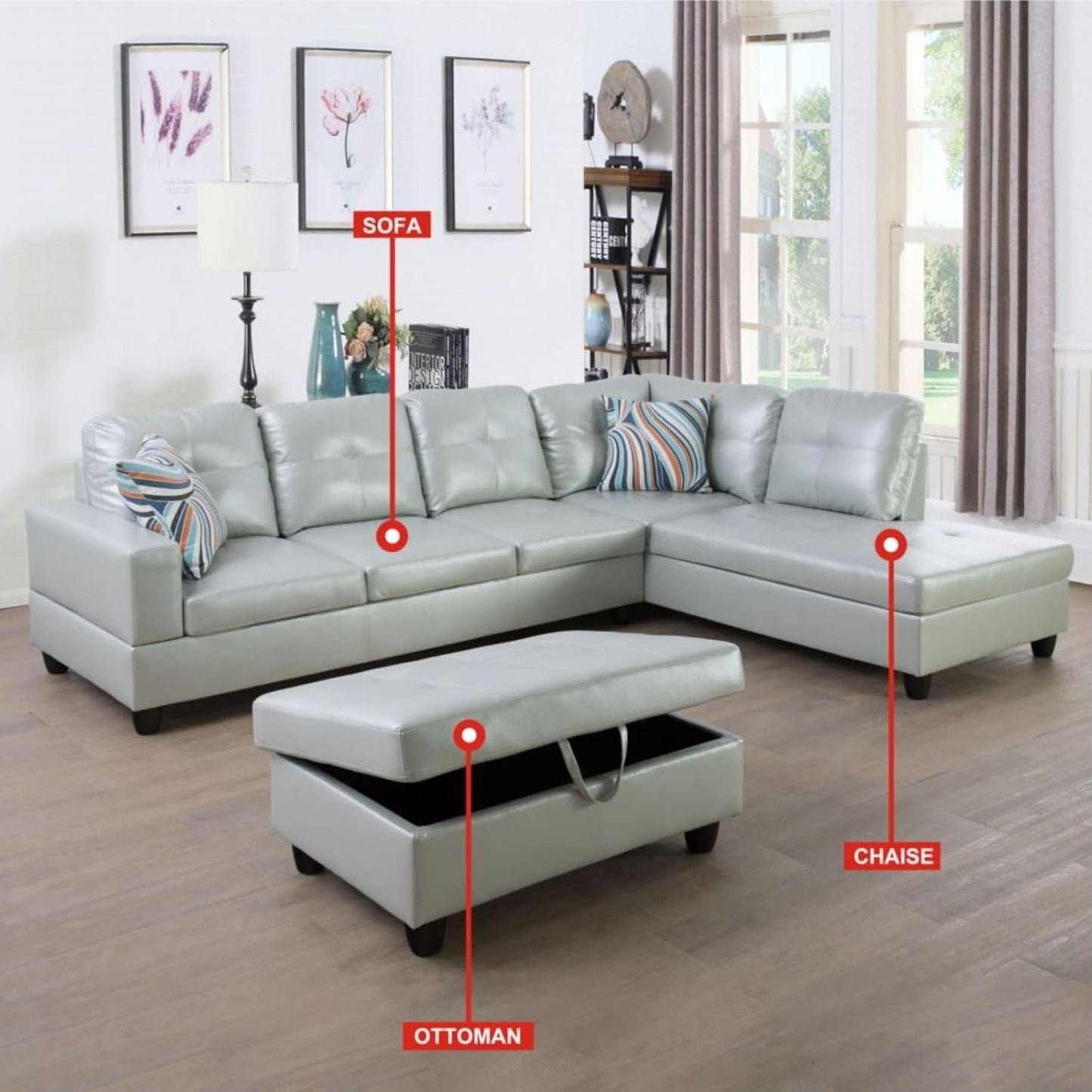 L-Shaped 3-Piece Semi PU Synthetic Leather Sofa with Storage Ottoman Set, Sectional Couch Sofa Set for Living Room, Office, Small Space, Silver Green