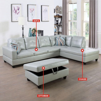 L-Shaped 3-Piece Semi PU Synthetic Leather Sofa with Storage Ottoman Set, Sectional Couch Sofa Set for Living Room, Office, Small Space, Silver Green