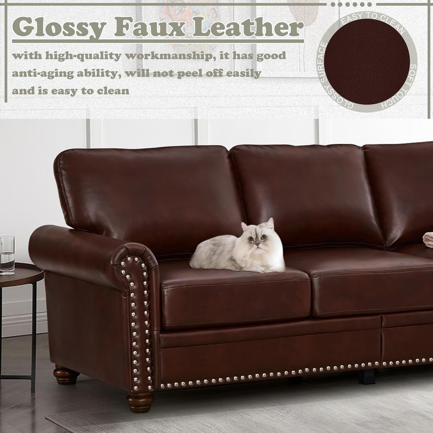 2-Piece Comfy Upholstered PU Leather Sofa Couch Set, Mid-Century Modern Loveseat Sofa+3 Seater Couch with Storage Space for Living Room, Furniture Set, Red Brown