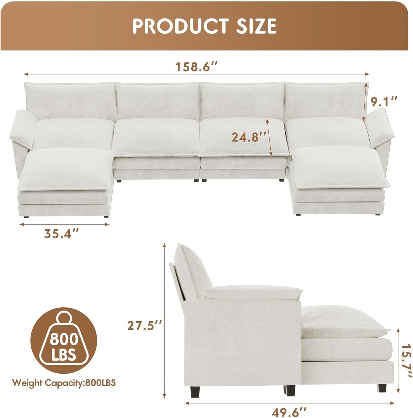 Sectional Modular Sofa U Shaped Chenille Fabric Couch with High Supportive & Soft Sponges and Removable Ottoman, Sleeper Comfy Upholstered Furniture for Living Room, White