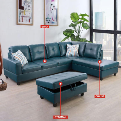 L-Shaped 3-Piece Semi PU Synthetic Leather Sofa with Storage Ottoman Set, Sectional Couch Sofa Set for Living Room, Office, Small Space, Peacock Blue