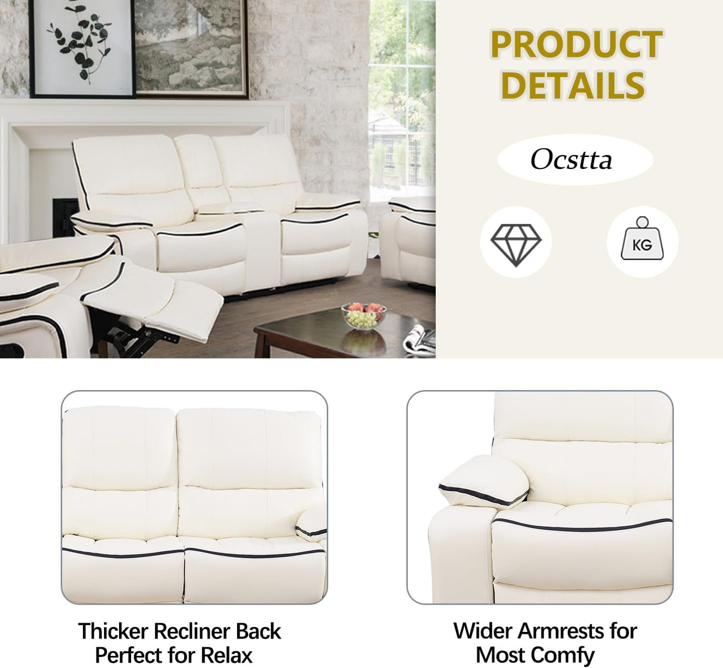 Leather Recliner Sofa Set, Leather Couch Set for Living Room, Living Room Furniture Set with Storage Console & Cup Holder for Living Room/Office (Recliner Couch Set) Creamy White