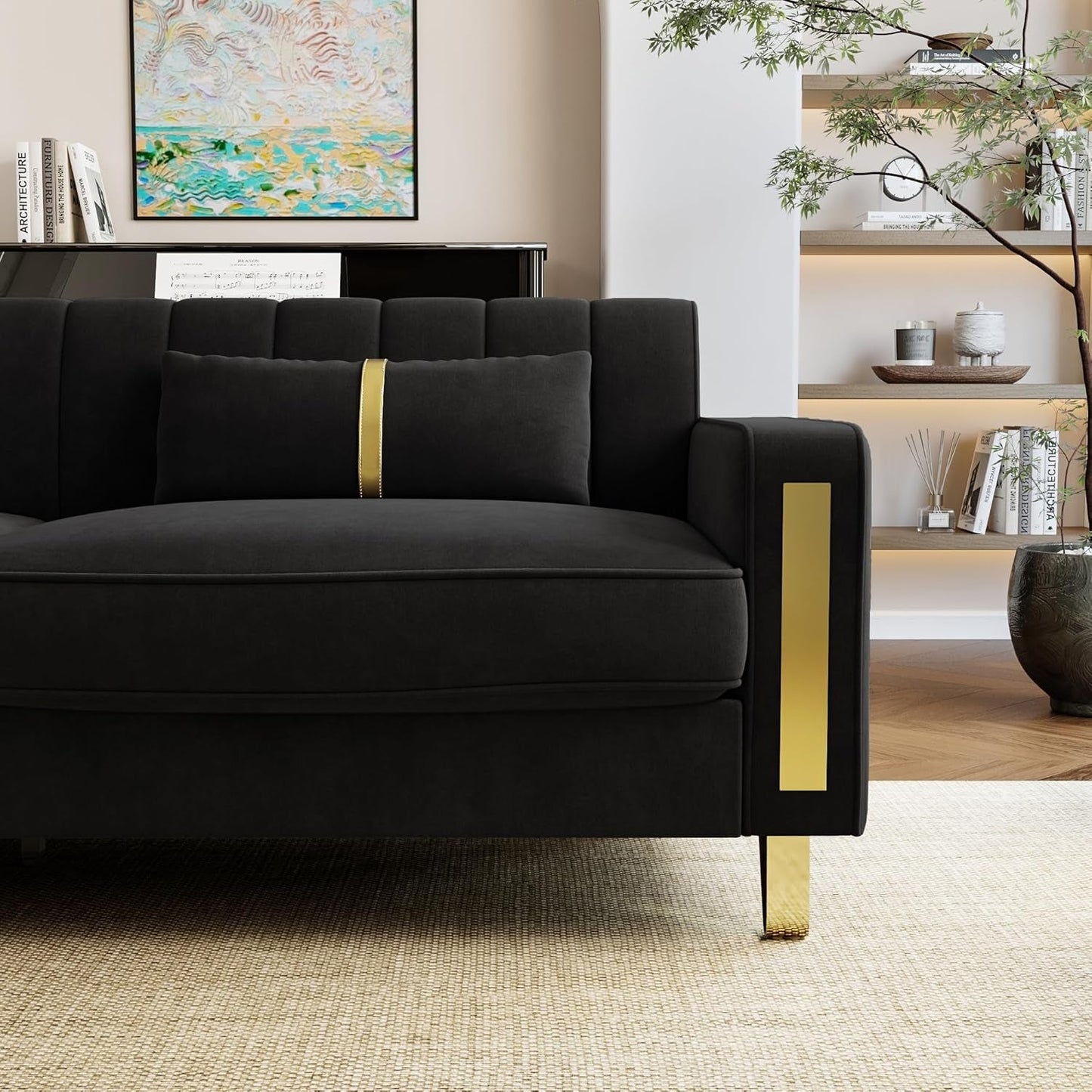 Loveseat Couch for Living Room, 86" Black Velvet Sofa Couch with 2 Pillows & Gold Metal Legs, Modern Upholstered Sofa Love Seat Sectional Couches for Apartment Home Office