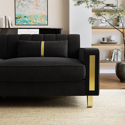 Loveseat Couch for Living Room, 86" Black Velvet Sofa Couch with 2 Pillows & Gold Metal Legs, Modern Upholstered Sofa Love Seat Sectional Couches for Apartment Home Office