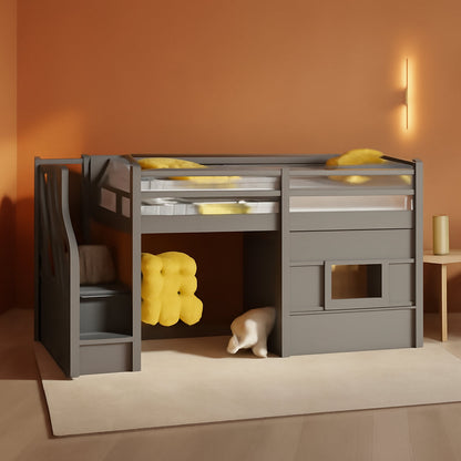 Twin Size Low Loft Bed with Stairs, Kids Loft Bed with Storage,Solid Wood Twin Loft Bed Frame for Kids, Space Saving Low Loft Bed for Boys, Girls, Gray