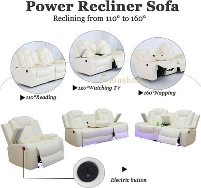 Luxury Living Room Furniture Sets Power Recliner Sectional Sofa Recliner Couch Set Recliner Leather Couch and Recliner Set Loveseat Chair for House/Office/Theater Seating(Creamy White)