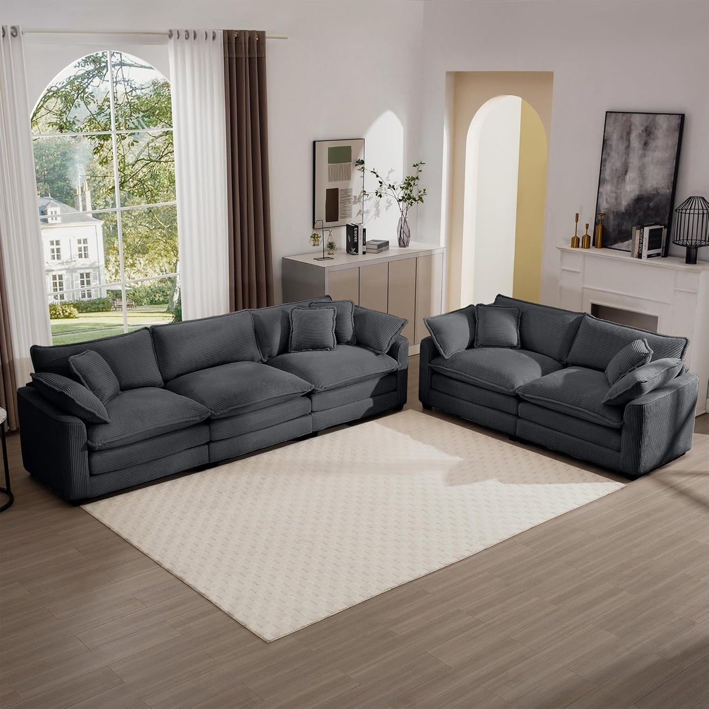 Oversized 2 Piece Sofa Set for Living Room, 3-Seater & Loveseat Couch, Modular Sectional Deep Seat Corduroy Comfy Cloud Couches with 4 Armrest Pillows and 5 Toss Pillows, Grey