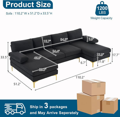 110" Modern U Shaped Sectional Couch with 51"D Double Chaise for Living Room, Black Deep Seat Sectional Sofa Sets with 5.9" Thickness Seating Padding for Home Furniture,Linen Fabric,Metal Legs