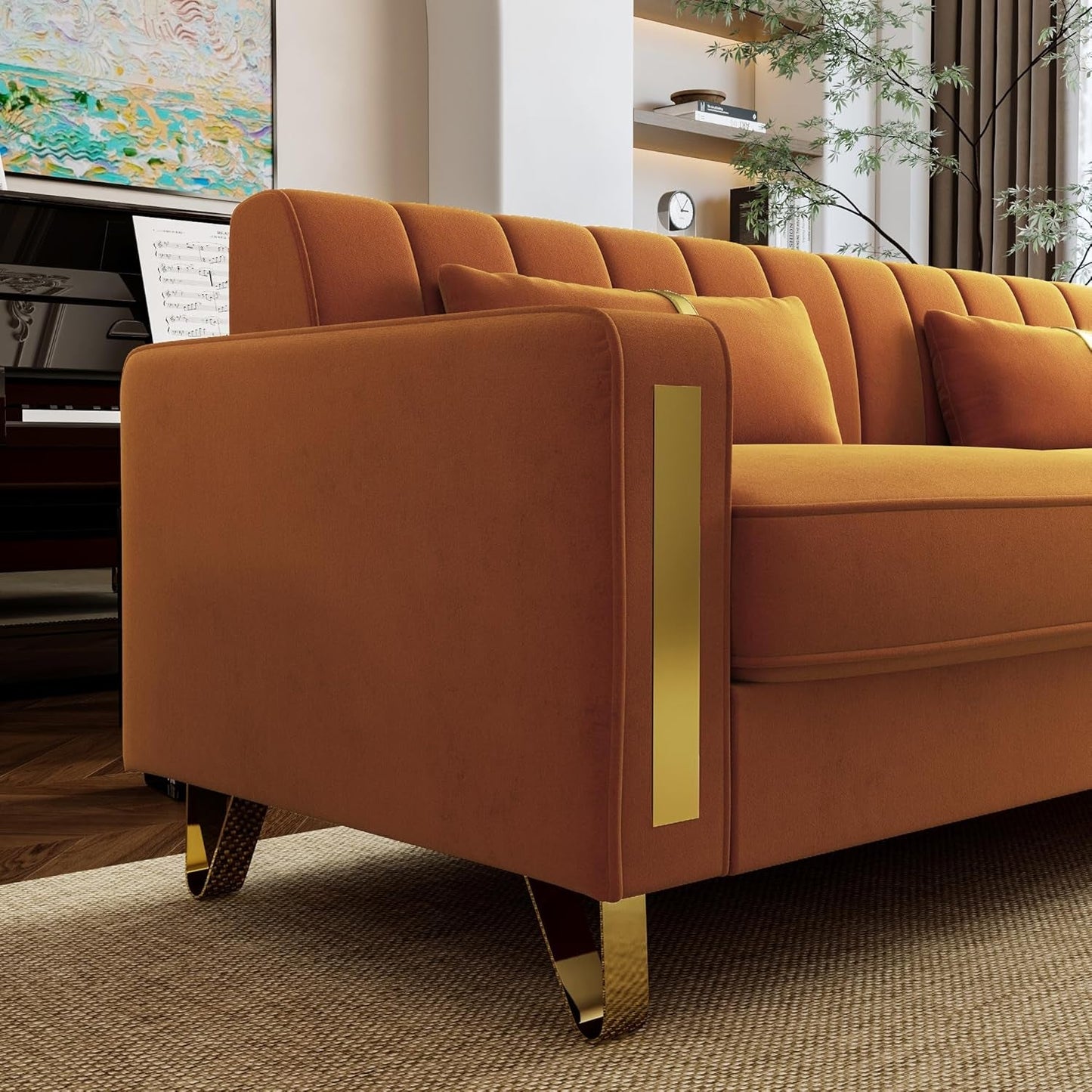 2-Piece Loveseat Couch Set for Living Room, 86" Orange Velvet Sofa Couch with 4 Pillows & Gold Metal Legs, Modern Upholstered Sofa Set Love Seat Sectional Couches for Apartment Home Office