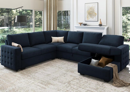 Velvet U-Sectional Sleeper Sofa, Pull-Out Bed, Blue