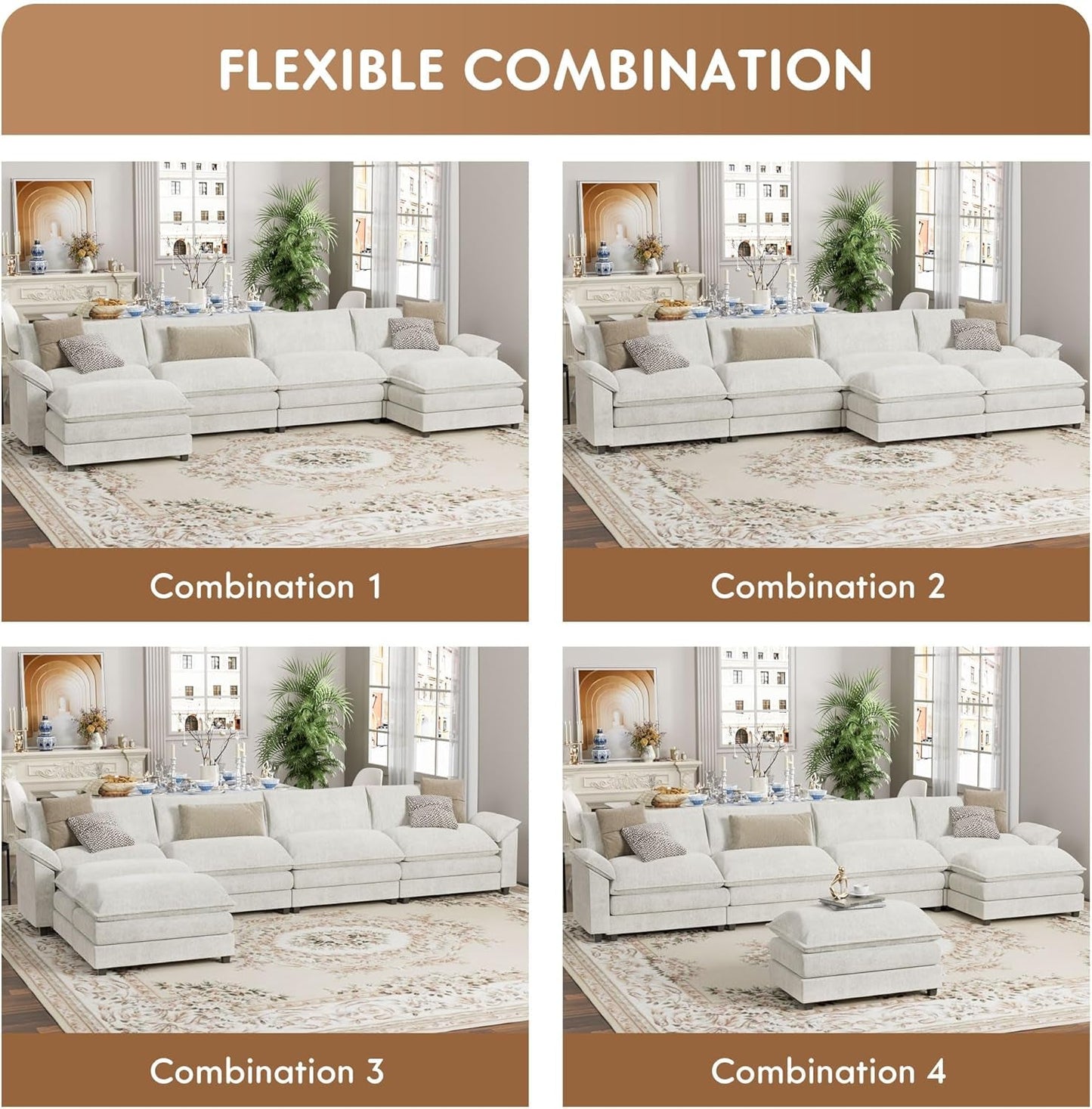 Sectional Modular Sofa U Shaped Chenille Fabric Couch with High Supportive & Soft Sponges and Removable Ottoman, Sleeper Comfy Upholstered Furniture for Living Room, White