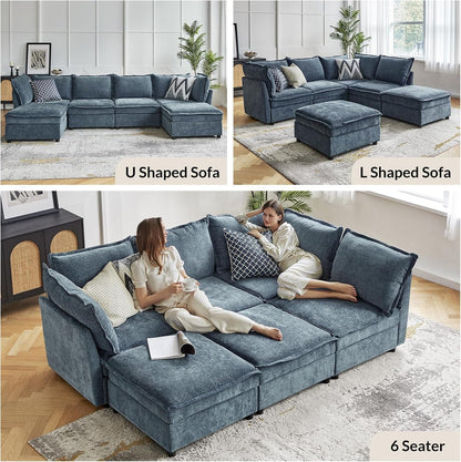 127'' Modular Sectional Sofa, Oversized U Shaped Couch with Storage Ottoman, Extra Deep Seat, Modern Comfy Chenille Sofa with Chaise, 6 Seat Convertible Couches for Living Room, Blue