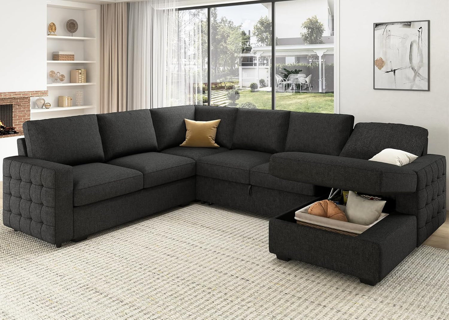 Sectional Sleeper Sofa with Pull Out Bed, Reversible Sectional Sleeper Couch with Storage Chaise U Shape Sectional Sofa, Dark Grey