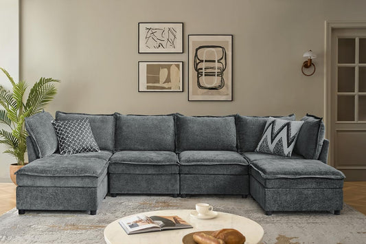 127'' Modular Sectional Sofa, Oversized U Shaped Couch with Storage Ottoman, Extra Deep Seat, Modern Comfy Chenille Sofa with Chaise, 6 Seat Convertible Couches for Living Room, Grey
