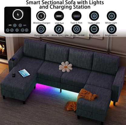Sectional Couches for Living Room, 4 Seat Linen Sectional Sofa with Reversible Chaise Lounge/Storage Ottoman, U Shaped Couch with Smart Module-Wireless Charging/Usb/Type-C/Rgb Light (Blue)