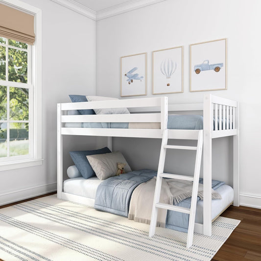 White Fundamental Twin Low Bunk Bed, Kids Solid Wood Modern Bed Frame