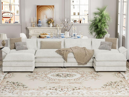 Sectional Modular Sofa U Shaped Chenille Fabric Couch with High Supportive & Soft Sponges and Removable Ottoman, Sleeper Comfy Upholstered Furniture for Living Room, White