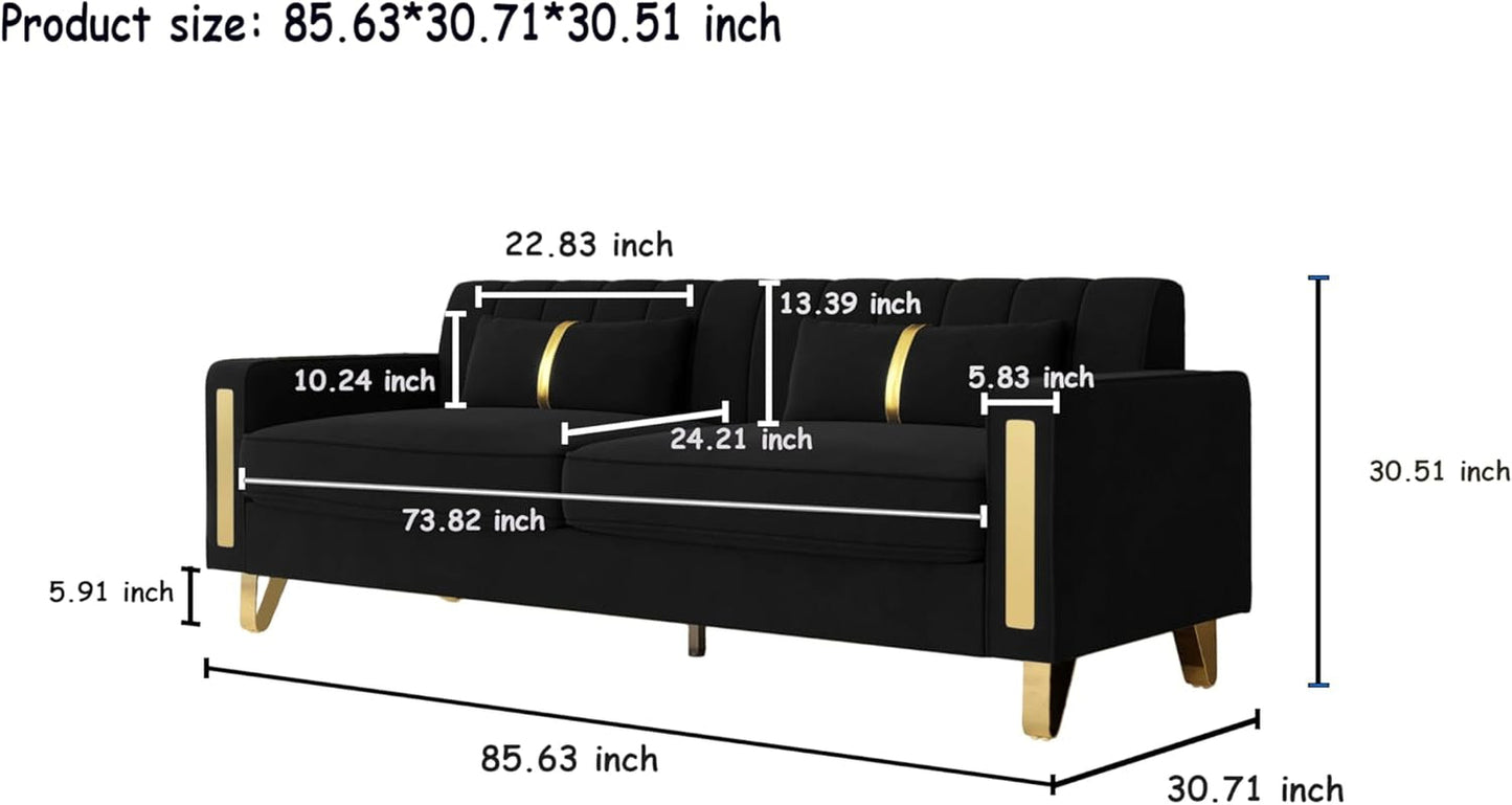 2-Piece Loveseat Couch Set for Living Room, 86" Black Velvet Sofa Couch with 4 Pillows & Gold Metal Legs, Modern Upholstered Sofa Set Love Seat Sectional Couches for Apartment Home Office