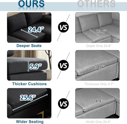 110" Modern U Shaped Sectional Couch with 51"D Double Chaise for Living Room, Black Deep Seat Sectional Sofa Sets with 5.9" Thickness Seating Padding for Home Furniture,Linen Fabric,Metal Legs