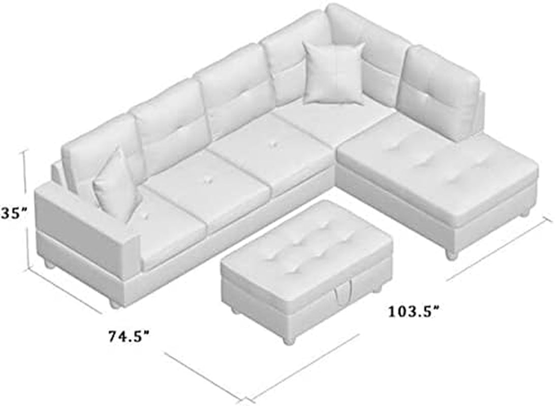 Sectional Sofa Faux Leather Modern L Shaped Couch Set 103.5”Wide Including Chaise and 3 Seating Sofa with Storage Ottoman for Living Room Furniture (Right Hand Facing, A-White)