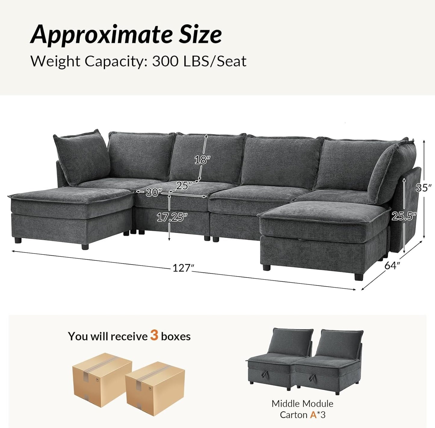 127'' Modular Sectional Sofa, Oversized U Shaped Couch with Storage Ottoman, Extra Deep Seat, Modern Comfy Chenille Sofa with Chaise, 6 Seat Convertible Couches for Living Room, Grey