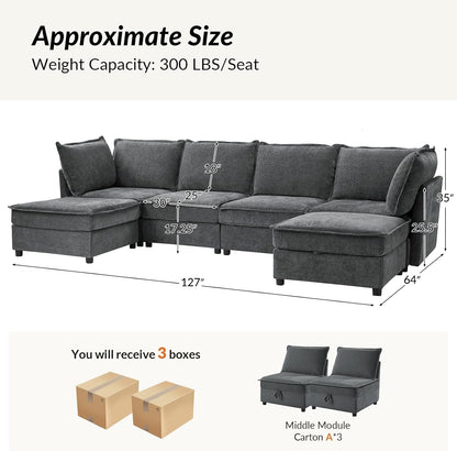 127'' Modular Sectional Sofa, Oversized U Shaped Couch with Storage Ottoman, Extra Deep Seat, Modern Comfy Chenille Sofa with Chaise, 6 Seat Convertible Couches for Living Room, Grey