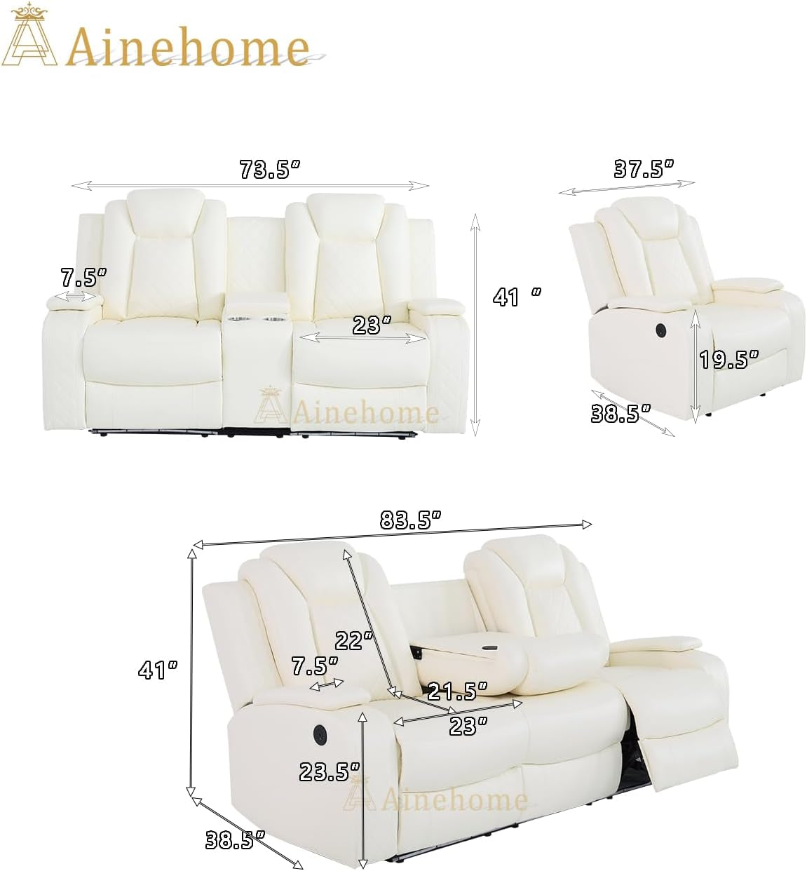 Luxury Living Room Furniture Sets Power Recliner Sectional Sofa Recliner Couch Set Recliner Leather Couch and Recliner Set Loveseat Chair for House/Office/Theater Seating(Creamy White)
