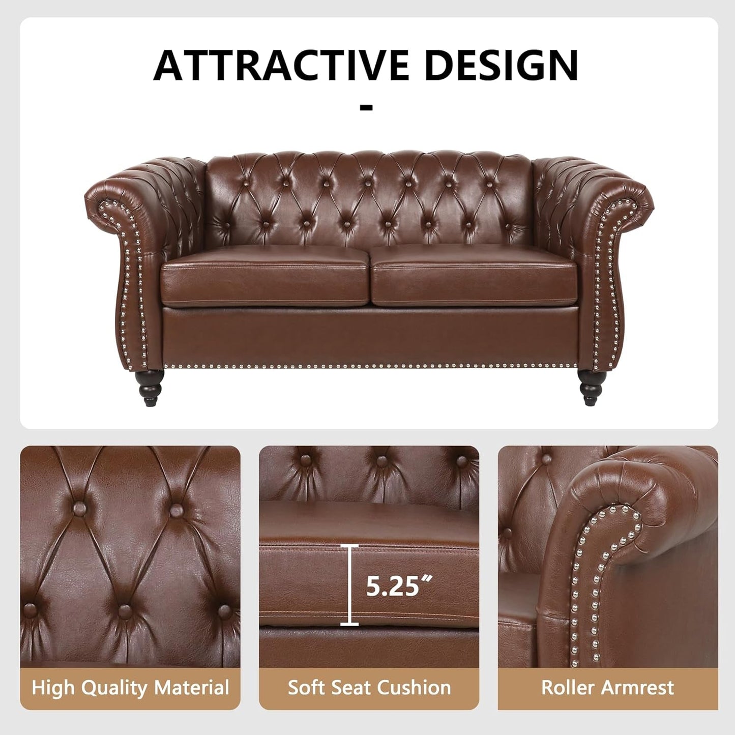 3 Piece Living Room Set, Sectional Chesterfield Sofa Chair Contemporary Upholstered Leather Loveseat Couch Sets for Living Room, Bedroom, Office