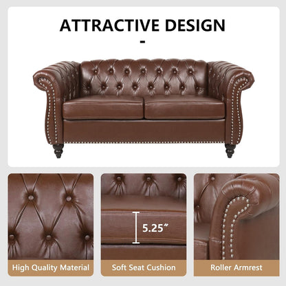 3 Piece Living Room Set, Sectional Chesterfield Sofa Chair Contemporary Upholstered Leather Loveseat Couch Sets for Living Room, Bedroom, Office