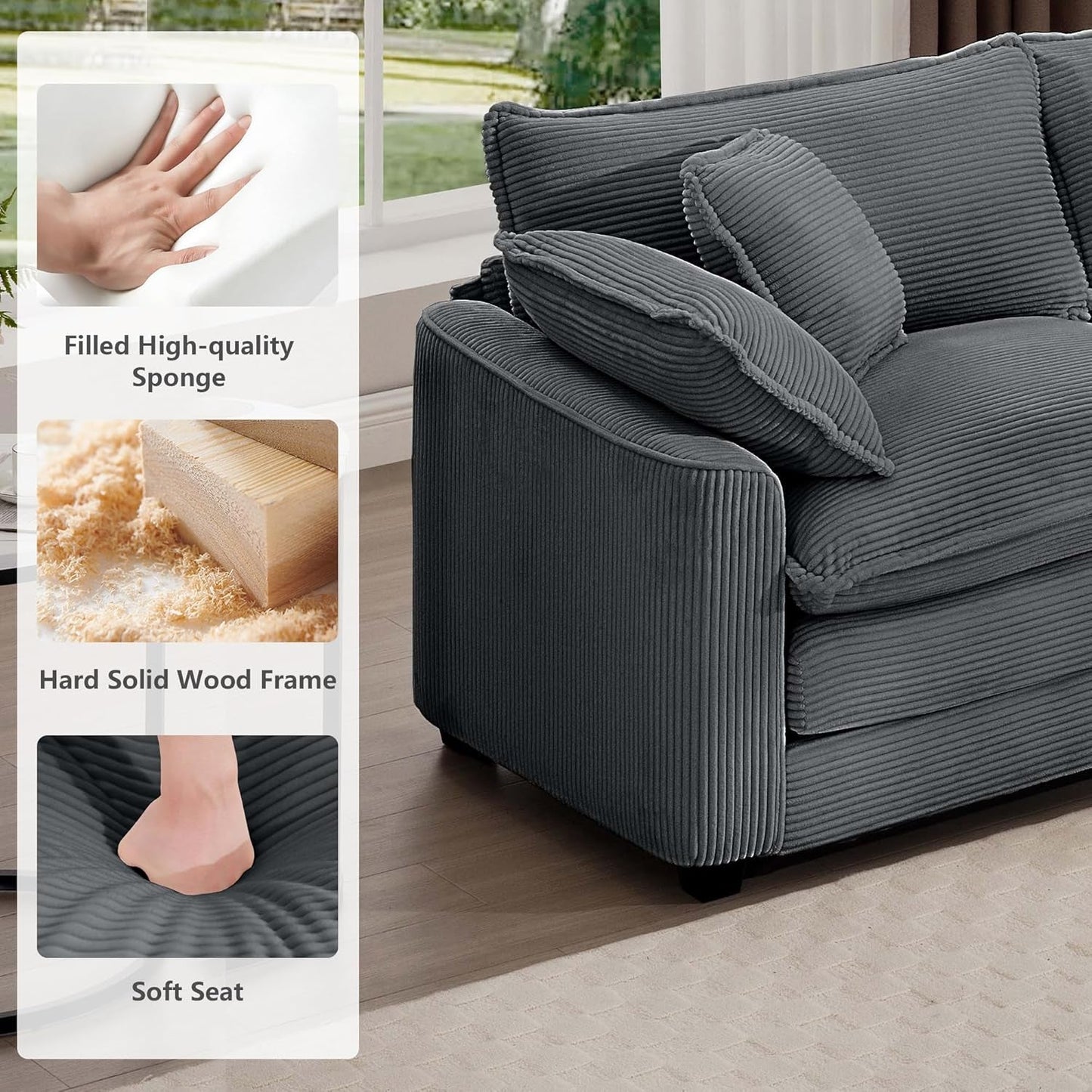 Oversized 2 Piece Sofa Set for Living Room, 3-Seater & Loveseat Couch, Modular Sectional Deep Seat Corduroy Comfy Cloud Couches with 4 Armrest Pillows and 5 Toss Pillows, Grey
