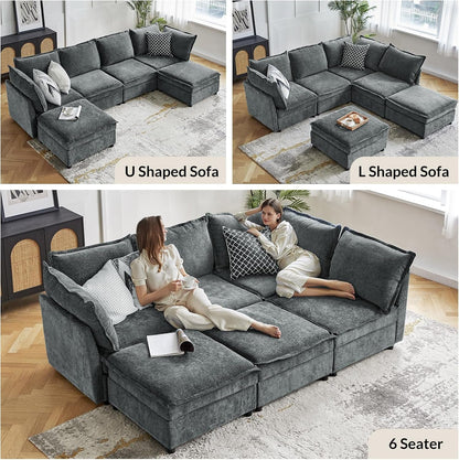 127'' Modular Sectional Sofa, Oversized U Shaped Couch with Storage Ottoman, Extra Deep Seat, Modern Comfy Chenille Sofa with Chaise, 6 Seat Convertible Couches for Living Room, Grey