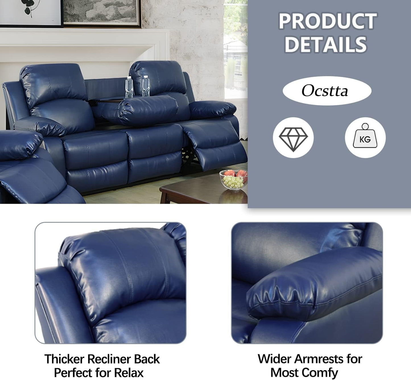 Manual Leather Recliner Sofa Set for Living Room Furniture Set,Leather Recliner Couch Set for Home/Office,Leather Couch Set for 3-Pieces(Sofa+Loveseat+Chair) Blue