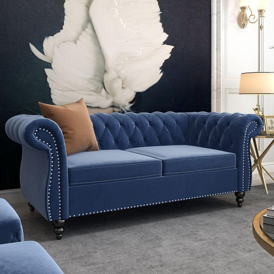 3-Piece Living Room Sectional Sofa Set, Blue Couch Upholstered Sofa Modern Sofa Couches Set Style Button Tufted, Velvet Chesterfield Sofa for Living Room Apartment, 1+2+3 Seat Blue