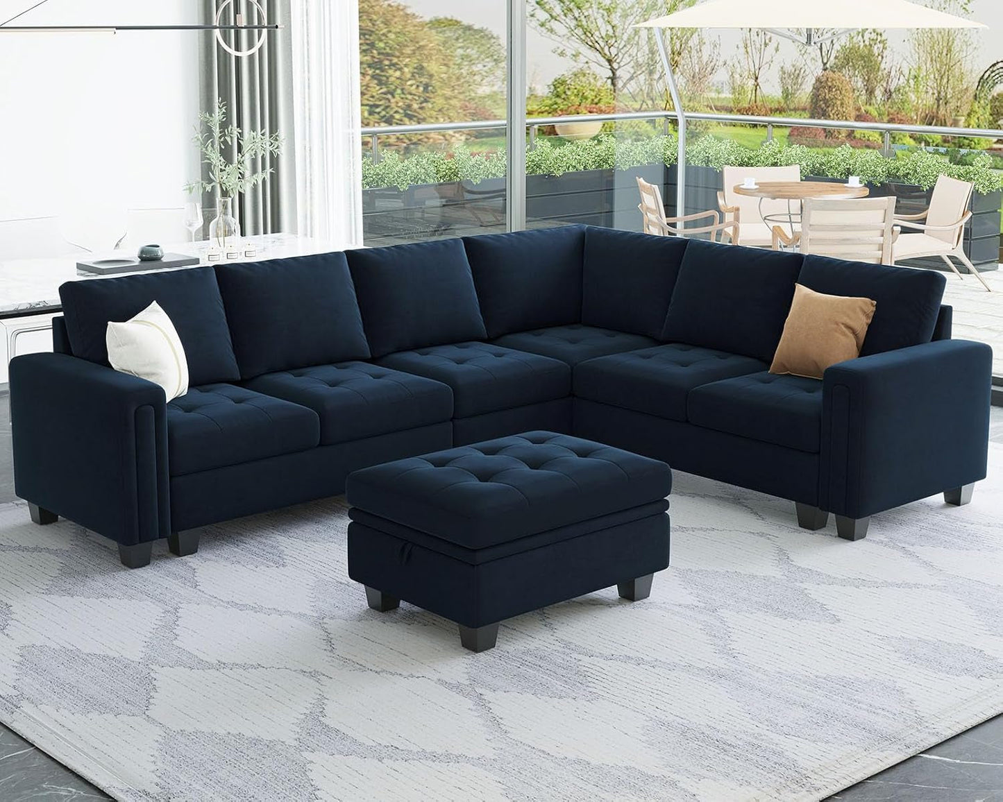 Velvet L Shaped Sofa Couch with Reversible Chaise Convertible Modular Sectional Sofa Set with Storage Ottoman Corner Sofa Set for Living Room Blue