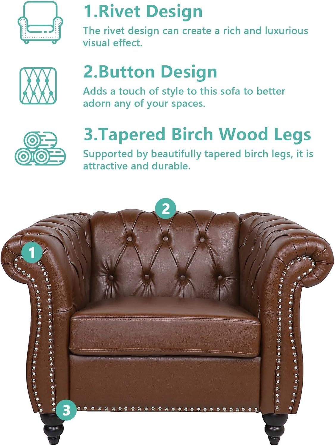 3 Piece Living Room Set, Sectional Chesterfield Sofa Chair Contemporary Upholstered Leather Loveseat Couch Sets for Living Room, Bedroom, Office