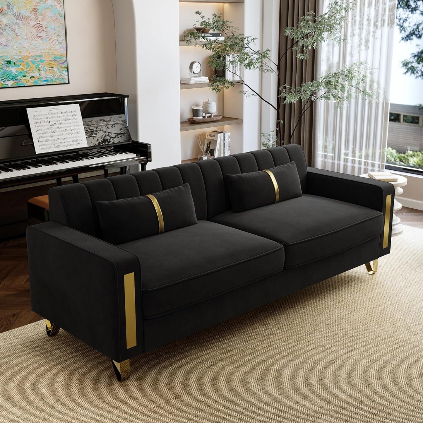 Loveseat Couch for Living Room, 86" Black Velvet Sofa Couch with 2 Pillows & Gold Metal Legs, Modern Upholstered Sofa Love Seat Sectional Couches for Apartment Home Office