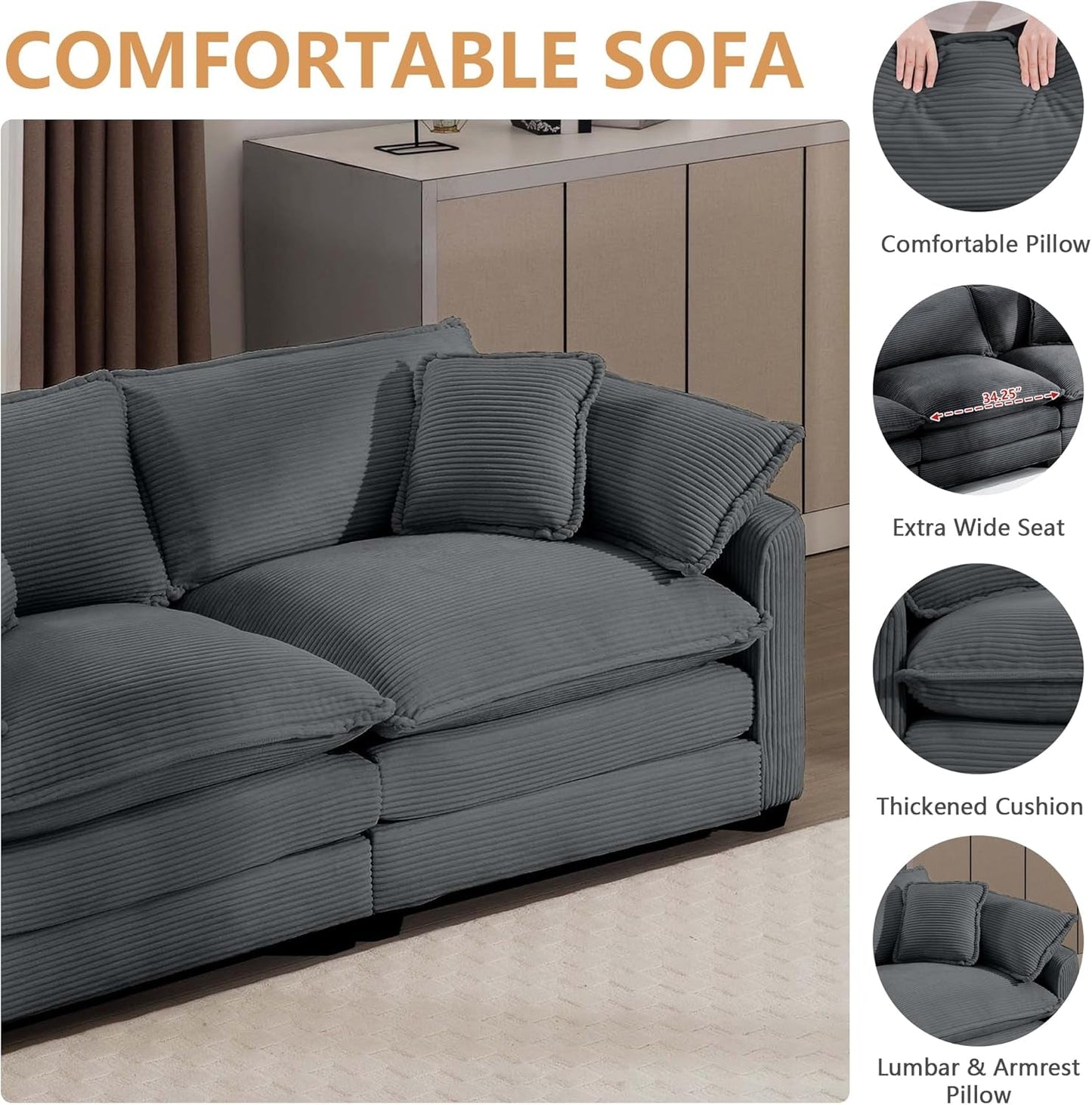 Oversized 2 Piece Sofa Set for Living Room, 3-Seater & Loveseat Couch, Modular Sectional Deep Seat Corduroy Comfy Cloud Couches with 4 Armrest Pillows and 5 Toss Pillows, Grey