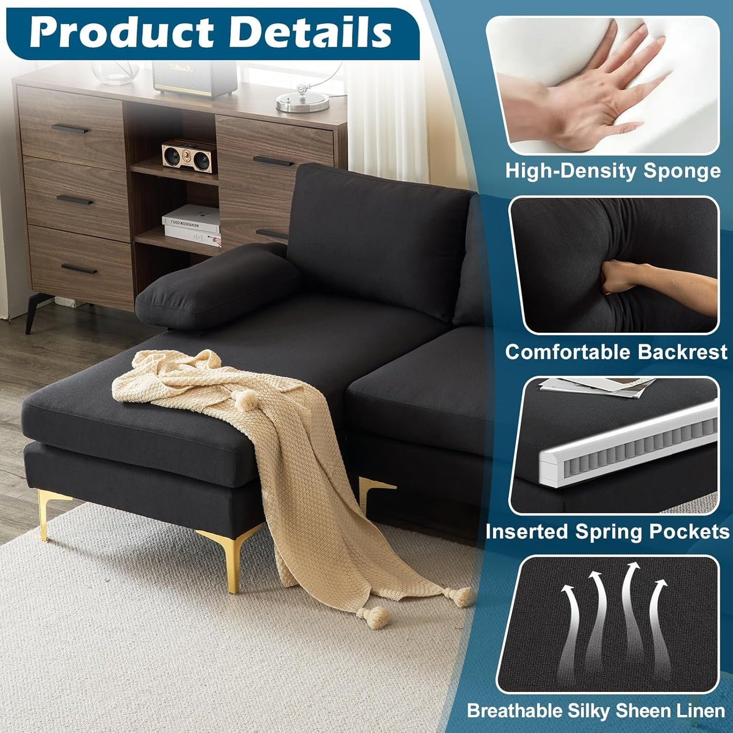 110" Modern U Shaped Sectional Couch with 51"D Double Chaise for Living Room, Black Deep Seat Sectional Sofa Sets with 5.9" Thickness Seating Padding for Home Furniture,Linen Fabric,Metal Legs