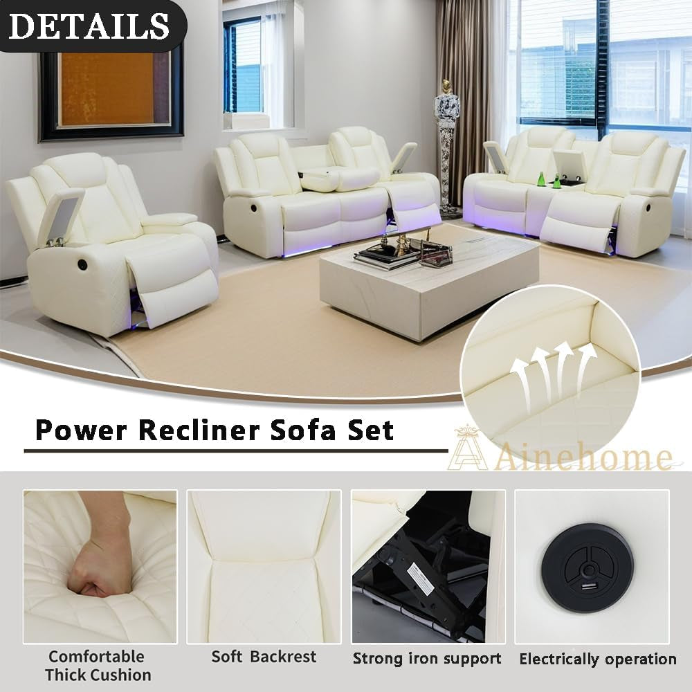 Luxury Living Room Furniture Sets Power Recliner Sectional Sofa Recliner Couch Set Recliner Leather Couch and Recliner Set Loveseat Chair for House/Office/Theater Seating(Creamy White)