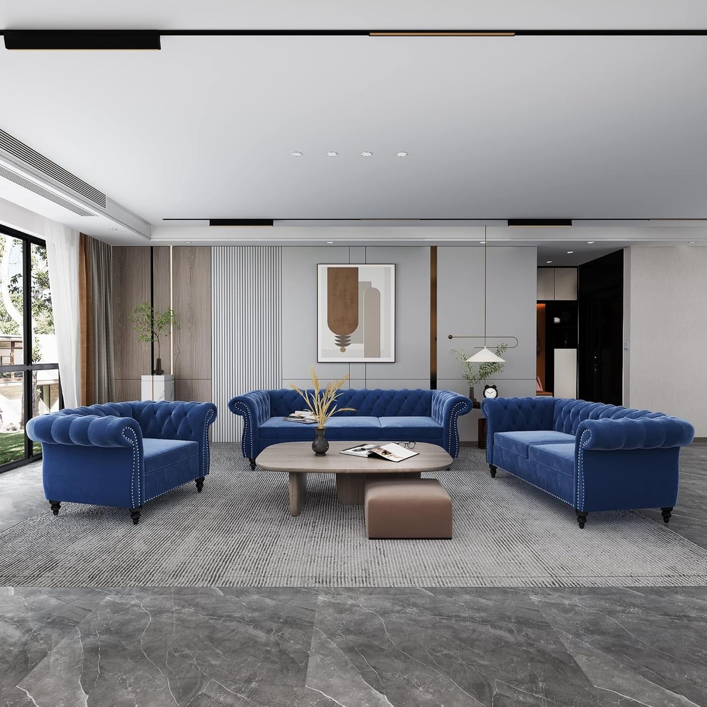 3-Piece Living Room Sectional Sofa Set, Blue Couch Upholstered Sofa Modern Sofa Couches Set Style Button Tufted, Velvet Chesterfield Sofa for Living Room Apartment, 1+2+3 Seat Blue