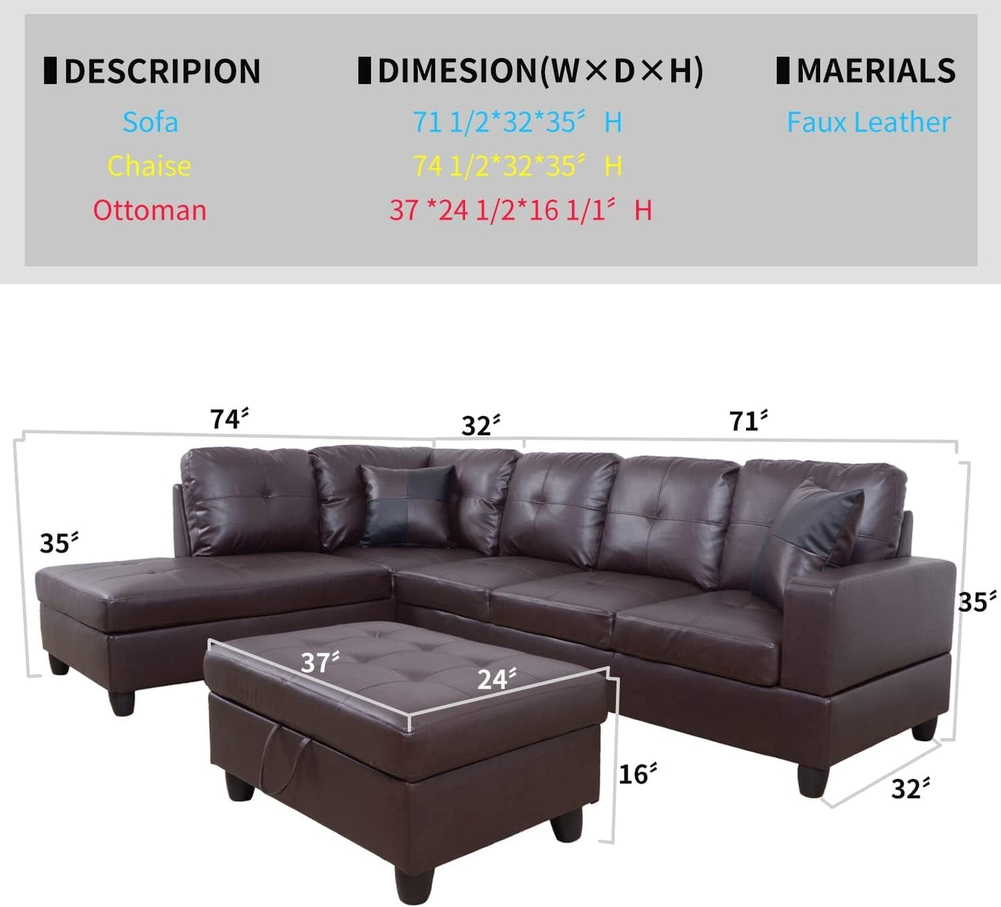 Brown Leather Sectional Couch for Living Room Set,Sectional Sofa L Shape Couch with Storage Ottoman/Brown Faux Leather/Facing Left Chaise