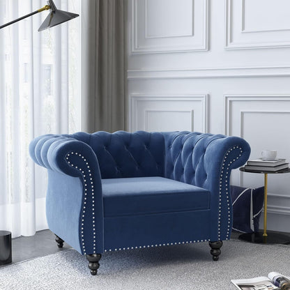 3-Piece Living Room Sectional Sofa Set, Blue Couch Upholstered Sofa Modern Sofa Couches Set Style Button Tufted, Velvet Chesterfield Sofa for Living Room Apartment, 1+2+3 Seat Blue